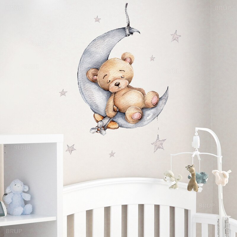 Watercolor style cartoon bear Bunny Wall Stickers for Bbay Nursery Room Decoration Wall Decals for Kids Room Decor PVC Matte