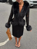 Sexy Lace Patchwork Women's Fur Coat V-Neck Full Sleeve Waist-Closed Lady Coats 2026 Autumn Winter Chic Female Streetwear