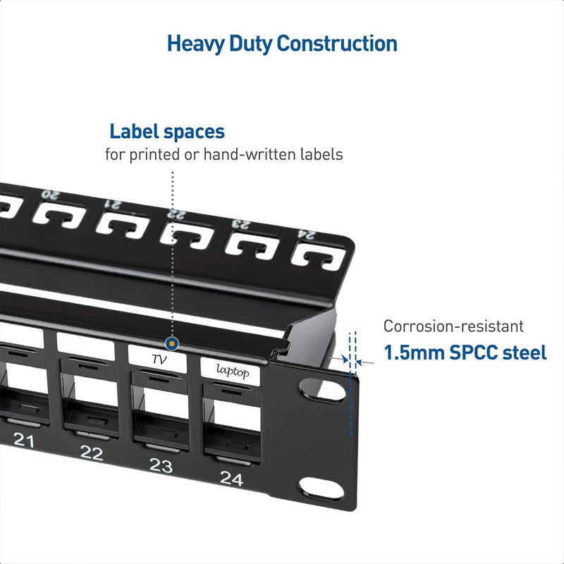 ZoeRax 24-Port RJ45 Shielded Blank Patch Panel 1U 19" Network Patch Panel with Cable Management and Support Bar