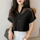 2023 Sommer Neue Stil Kurzarm Top Damen Mode Einfarbig Mesh V-Ausschnitt Damen Shirts Pullover Chiffon Damen Bluse 9632