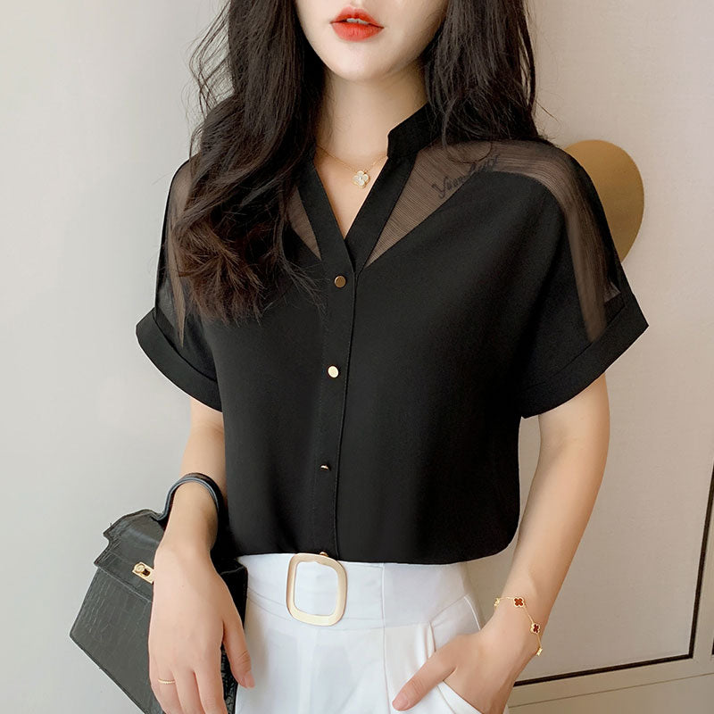 2023 Summer New Style Short-Sleeved Top Women Fashion Solid Color Mesh V-neck Women Shirts Pullover Chiffon Women Blouse 9632