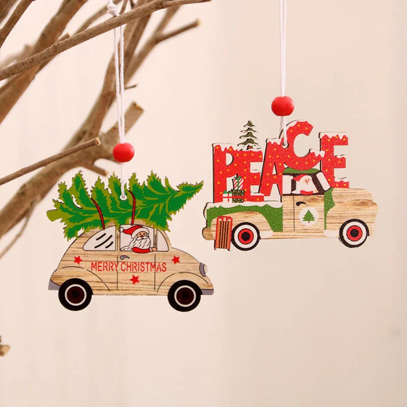 Christmas Wooden Pendant santa car pattern Xmas Tree Hanging Ornaments Christmas Decorations for Home Navidad Gift New Year 2023