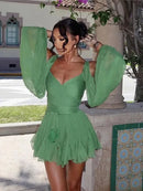Sexy Chiffon Green Ruffles Split Dress V-neck Long Sleeve A Line Mini Dress 2025 Fashion Female Holiday Beach Vacation Vestidos