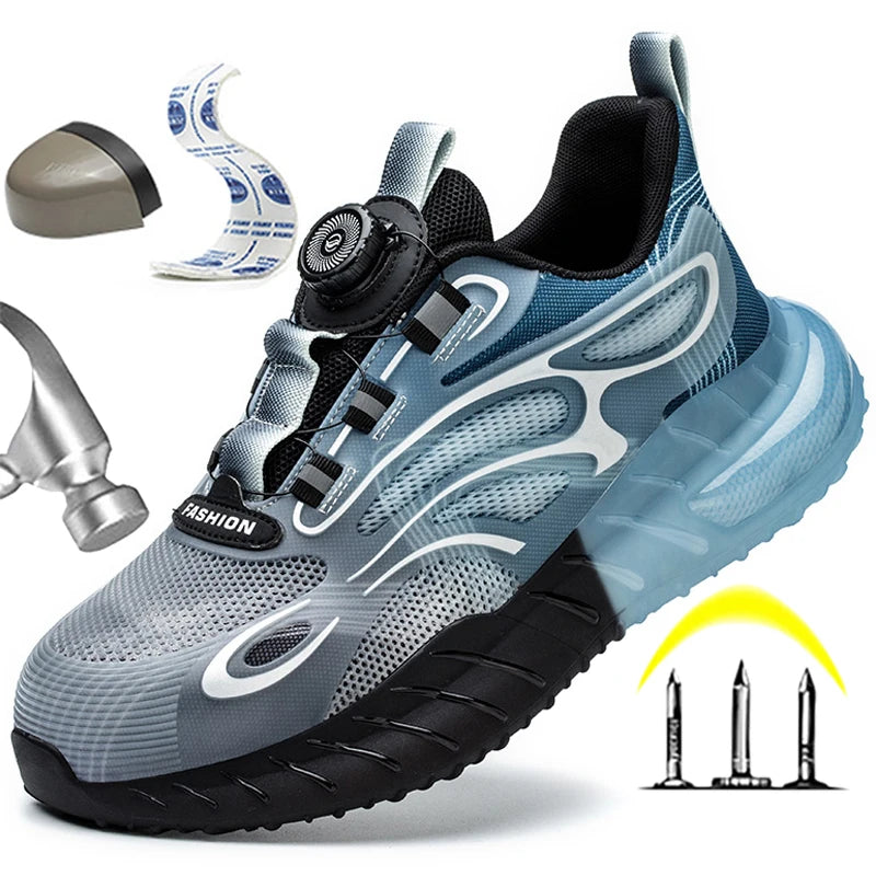 Fashion Sneakers Steel Toe Shoes Work Boots Men Puncture-Proof Safety Shoes Rotating Button Security Protective Shoes Light