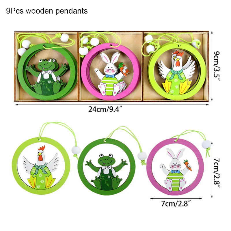 12/9pcs Happy Easter Wooden Pendant Cute Bunny Egg Carrot Chick Hanging Ornaments Spring Easter Party Home Decoration DIY Wreath
