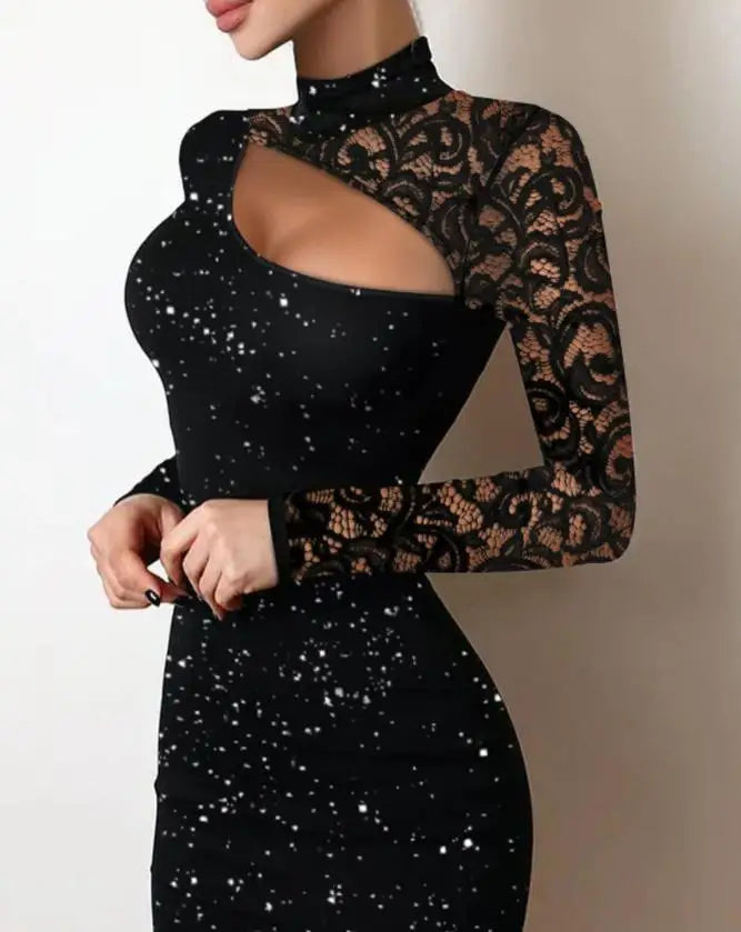 Elegant Women Dresses 2022 Summer Fashion Glitter Contrast Lace Sexy Cutout Plain Mock Neck Long Sleeve Skinny Mini Party Dress