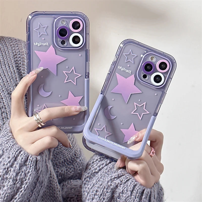 Gradient Pink Stars Moon Phone Case For iPhone 14 Pro Max 13 12 11 Pro Max 14 Plus Transparent Stand Holder Hard PC Back Cover