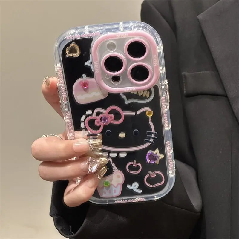 Kawaii Sanrio Hello Kitty Melody Makeup Mirror Phone Case For iPhone 14 13 12 11 15 Pro Max Lovely Hard Shockproof Back Cover