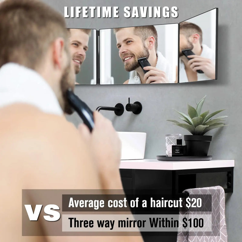 3 Way Mirror for Hair Cutting with Lights, 360 Trifold LED Lights Rechargeable Mirror for Hair Coloring, Braiding, DIY Haircut