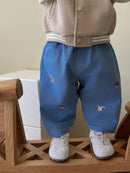 2026 Fall New Toddler Kids Pants Cotton Cartoon Embroidered Harem Pants Baby Boy Casual Striped Denim Baggy Trousers