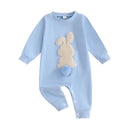 Lioraitiin Baby Girls Boys Easter Rompers Plush Bunny Embroidery Fur Ball Design Crew Neck Long Sleeve Spring Infant Jumpsuit