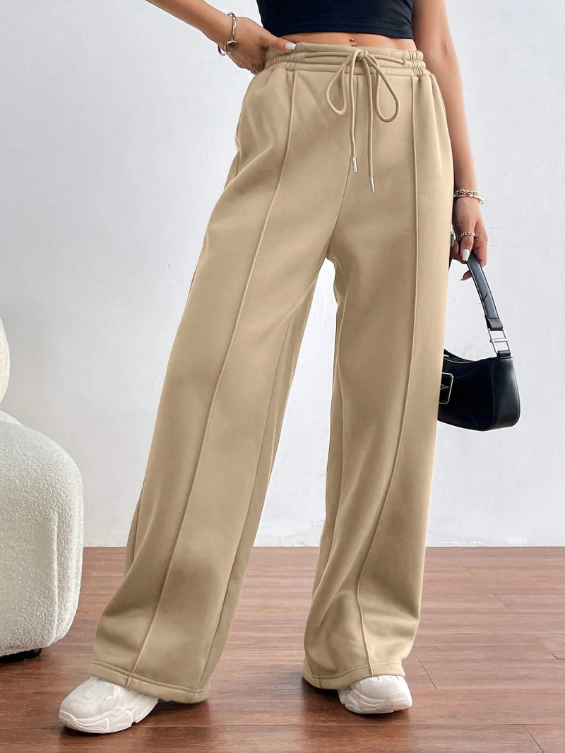 Women Wide Leg Sweetpants Winter Thick Casual Pants Straight Pants Elastic Waist Drawstring Fitness Joggers Pants Travel Basic