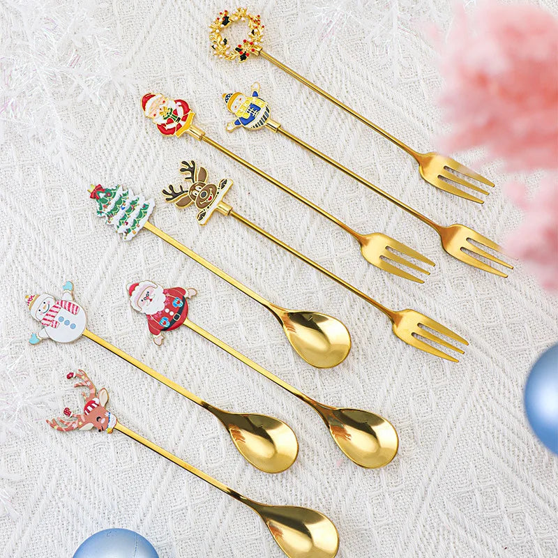 Stainless steel Christmas dessert spoon fork creative cartoon lovely afternoon tea coffee spoon fork spoon dinner set cutlery