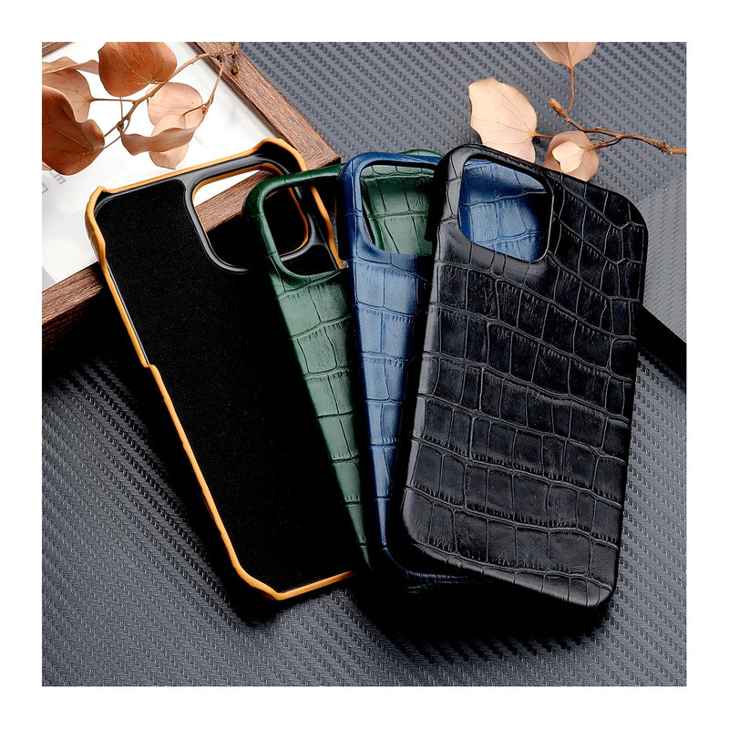 Crocodile Grain Leather Case For iPhone 16 15 13 14 11 12 Pro Max 13 Mini XR X XS Suede Lining Hard PC Shockproof Cover