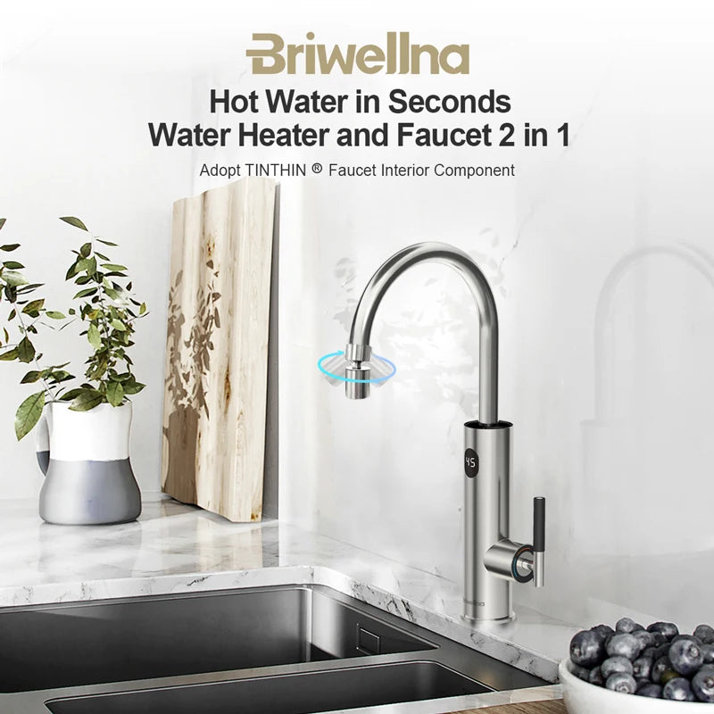 Briwellna Instant Hot Water Tap With Flexible Extender Nozzle 220V Electric Faucet Universal Spout Stainless Steel Heating Tap