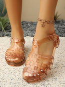 Summer Women's New Flats Sandals, Fashionable Hollow Casual Roman Sandals, Spring and Summer Non-Slip Beach Shoes Crystal Shiny Thick Heel Plastic Pvc Sandals