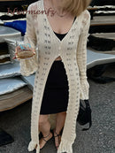 Elegant Knitted Hollow Out Long Dress Women Beach Ruffle Single-breasted Flare Sleeve Cardigan Robe Female Fashion Solid Dresses