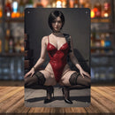 Ada Wong Sexy Metal Wall Art Poster - 8x12 Inch Red Dress Illustration for Home, Bar, Cafe, Office, Man Cave Decor