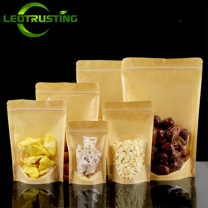 100PCS One Side Clear Stand Up Kraft Paper Ziplock Bag Resealable Snack Coffee Beaf Dates Chocolate Tea Gift Storage Pouches