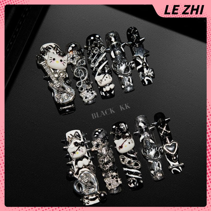 10Pcs Y2K Spicy Girl Long Coffin Handmade Press On Nails 3D Sanrio Hello Kitty Bear Pearl Diamond Pentagram Wearable False Nail