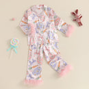 Baby Girls Easter Pajamas Feather Cuffs Egg Bow Print Button Long Sleeves Shirt with Elastic Pants for Loungewear