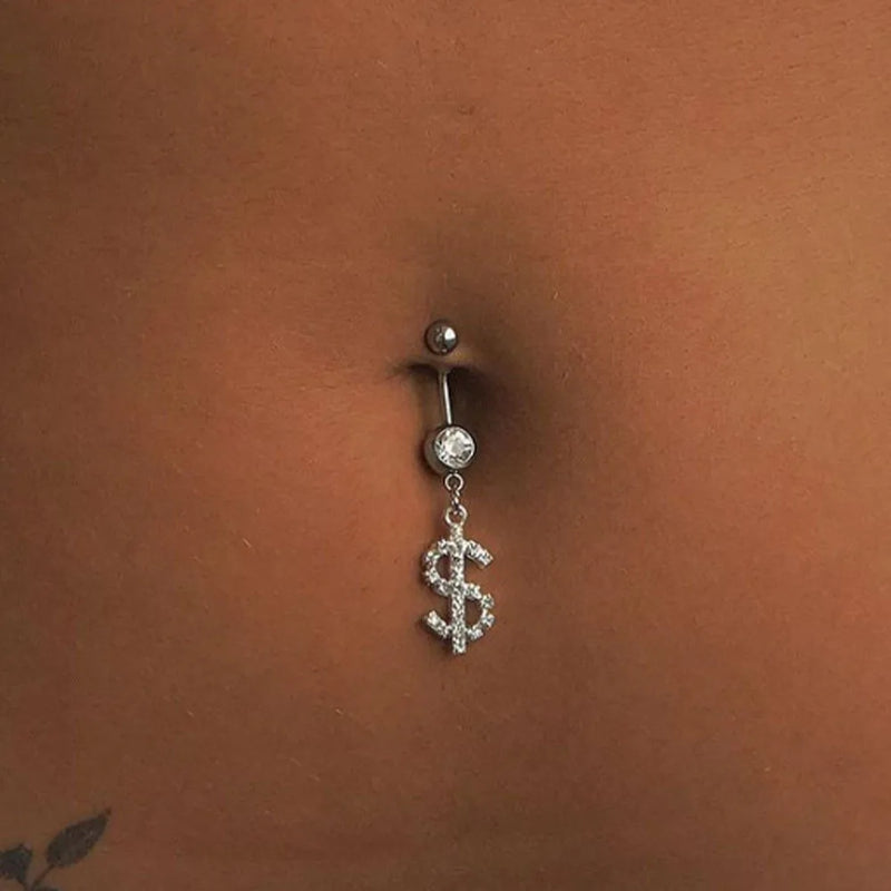 Hip Hop Dollar Belly Button Nail Rings Stainless Steel Anti Allergy Punk Rhinestone Dangle Belly Piercing Jewelry For Women Gift