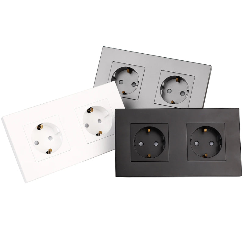 Bingoelec EU Double Sockets 2gang Power socket 16A electrical plug grounded 157*86mm pc wall Electrical Sockets Black white grey