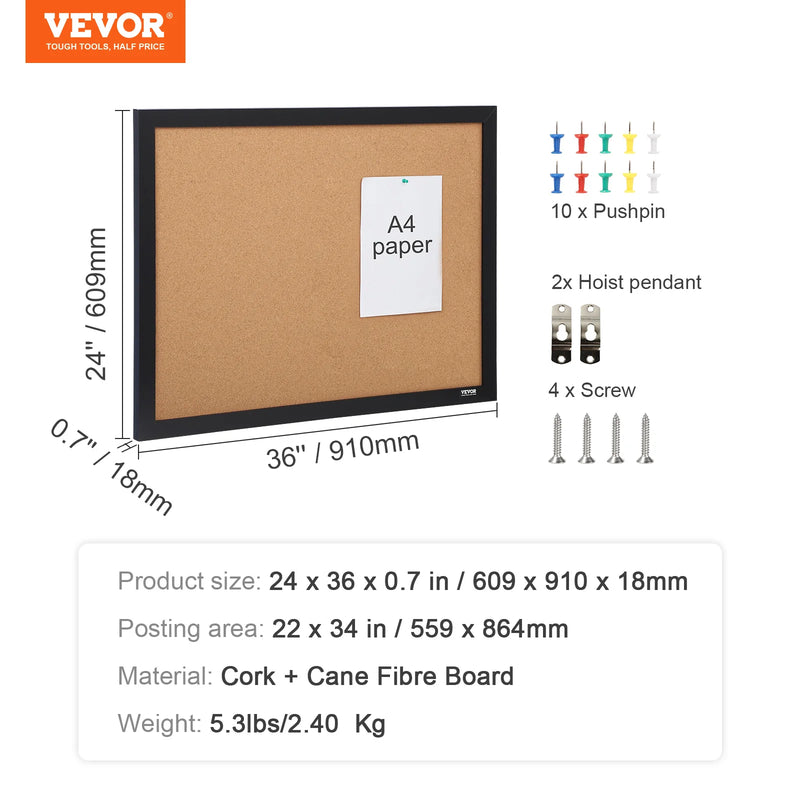 VEVOR Cork Board 36x24/24x18 in Bulletin Board W/ MDF Sticker Frame Vision Board Includes 10 Pushpins for Display and Decoration