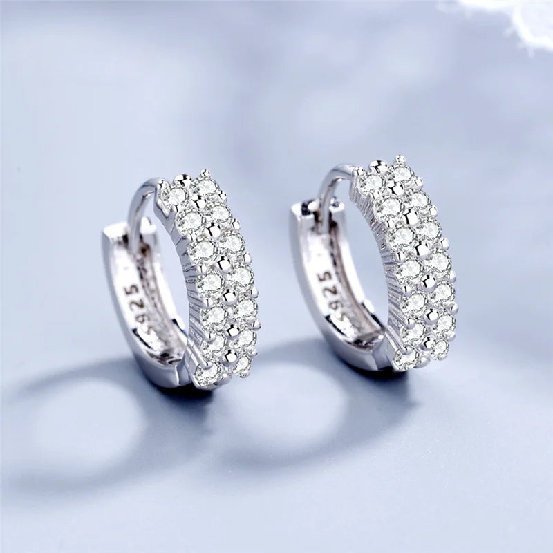 925 Sterling Silver Needle Earrings Fashion High Quality Jewelry Double Row Crystal Zircon Round Hoop Earrings