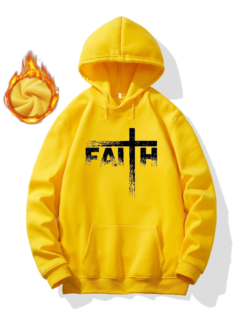 FAITH Print Hoodie, Cool Hoodies For Men, Men's Casual Graphic Design Pullover Hooded Sweatshirt With Kangaroo Pocket Streetwear