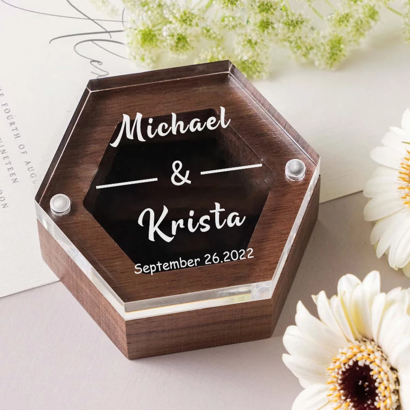 Personalized Engraved Wedding Ring Box, Proposal Gift Acrylic Cover and Wood Base Custom Rings, Engagement Wedding Decorations