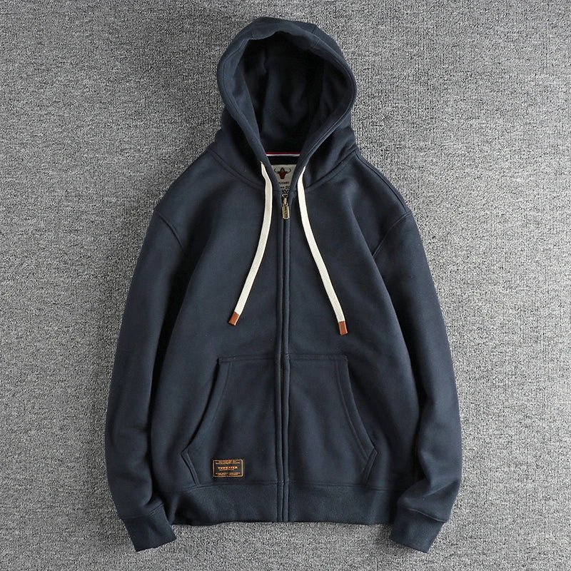 Autumn Winter American Retro Heavyweight Long Sleeved Hooded Hoodies Men's Simple Thickened Velvet Casual Cardigan Sweatshirts