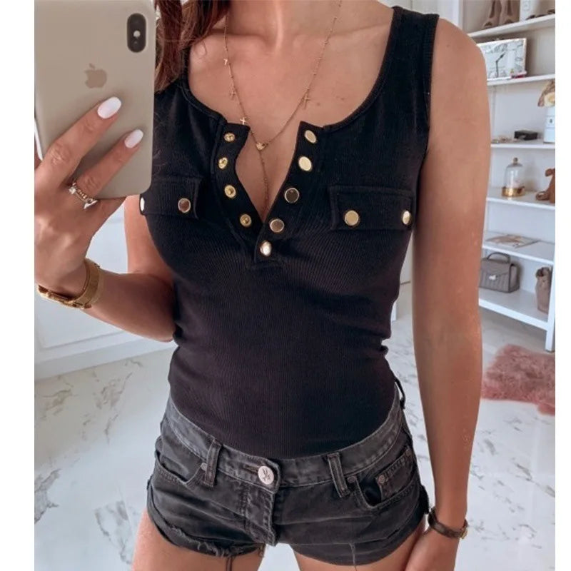 Metal Button Slim Tank Top Women Sexy Round Neck Sleeveless T-Shirt Summer Every Day Solid Top