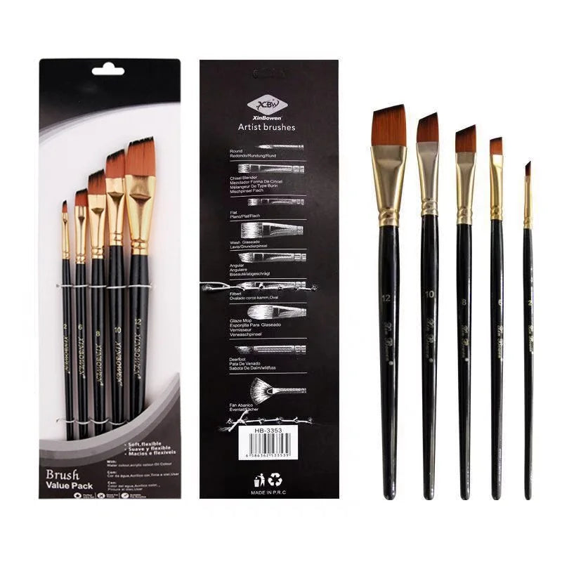 5Pcs Artist Paint Brush Set High Quality Nylon Hair Wood Black Watercolor Brush for Gouache Acrylic Oil Painting Art Supplies