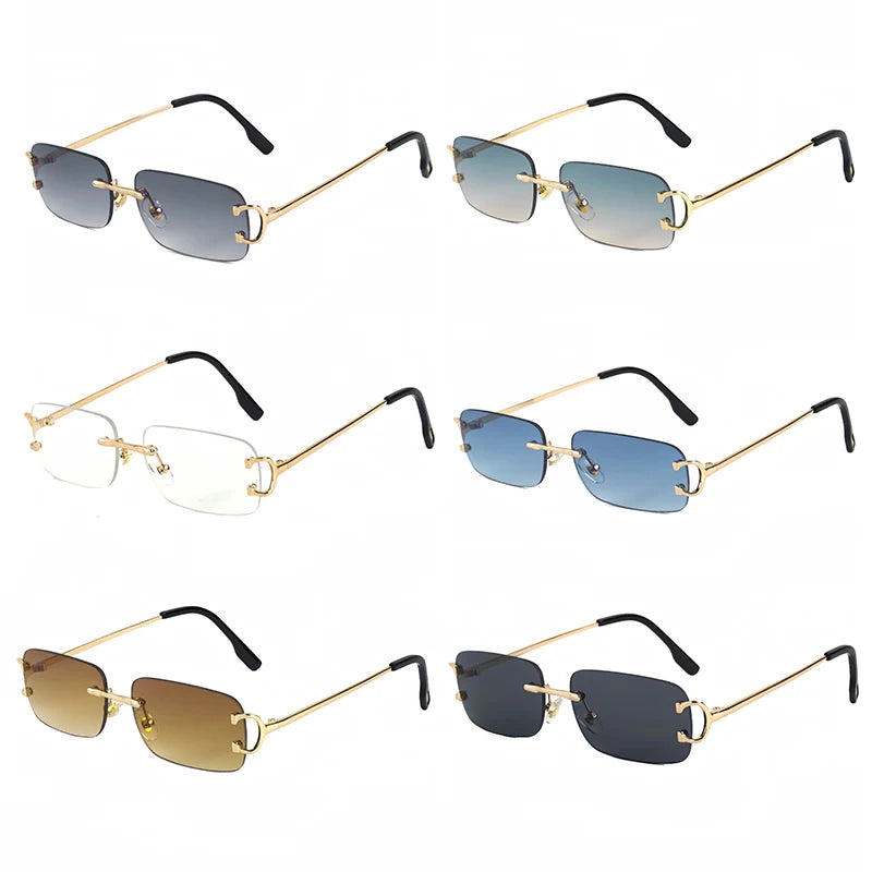 HBK Retro Rimless Sunglasses For Women Men Small Square Gold Frame Brand Design Tea Shades Rectangle UV400 Zonnebril Eyewear