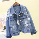 Autumn women embroidered three-dimensional flower short wash long-sleeved denim jacket light blue female jeans jacket C3