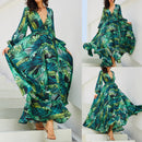 Women'S Temperament V-Neck Backless Dresses Summer Boho Green Leaf Print Maxi Dress For Beach Elegant Pleated Sundress Vestidos