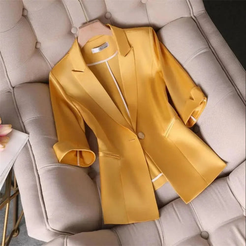 Essigsäure-Stretch-Satin-Blazer mit schmaler Taille, Joker-Blazer, Damen, Sommer, Net-Red, schmal geschnitten, Ärmel, professionelle, einfarbige Anzugsjacke