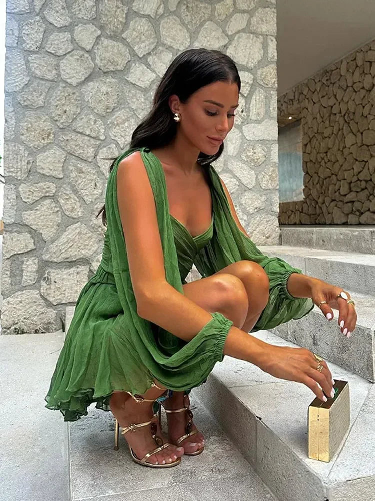 Sexy Chiffon Green Ruffles Split Dress V-neck Long Sleeve A Line Mini Dress 2025 Fashion Female Holiday Beach Vacation Vestidos
