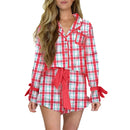 Christmas Pajamas for Women Bow Santa Claus Print Long Sleeve Shirts Ruffle Shorts Lounge Set Xmas 2 Piece Sleepwear