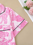 Casual pink leopard print pajama set for women lapel short-sleeved top and baggy shorts loungewear for women