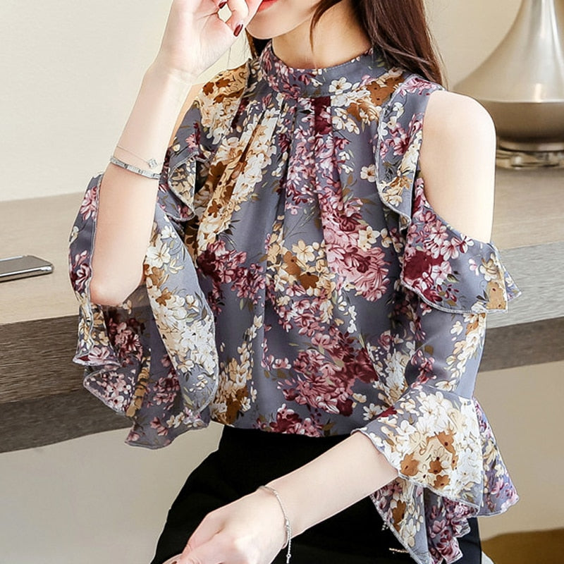 2023 Womens Blouses Tops Short Sleeve Butterfly Sleeve Chiffon Women Clothing Elegant Female Shirts Long Sleeve Floral 5388 50