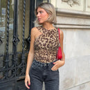 Women Leopard Tulle Bodysuit 2025 Summer Hollow Out Irregular Straps Snap-botton for Holiday Beach Style Streetwear