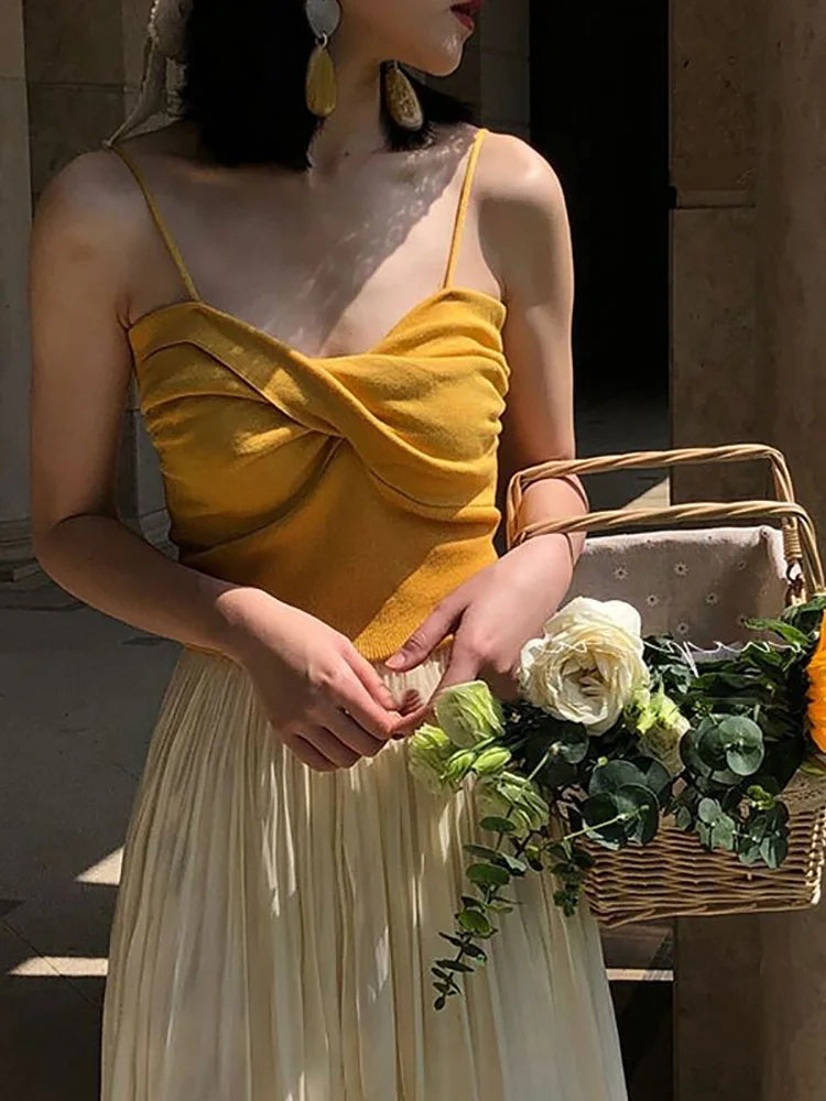 Heliar Women Pleated Strapy Camisoles Female Slim Crop Tops Knitted Sexy Tops For Women Cloth 2024 Summer