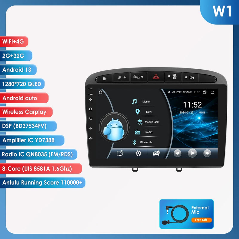 Hizpo 2Din Wirless CarPlay Android Auto Car Radio for 308 308S 408 2012 - 2020 UI7862 Headunit DSP RDS BT 4G GPS Navi 360° CAM