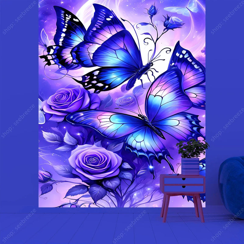 Butterfly Flower UV Reactive Tapestry Wall Hanging Hippie Boho Room Decor Aesthetic Psychedelic Home Dorm Wall Decor Party Decor