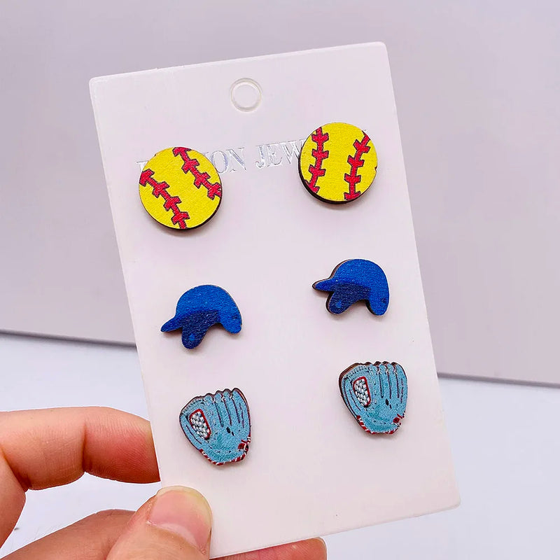 Baseball Softball Football Sports Stud Earrings set Heart Shape Sports Wood Earring for Women Ball Game Earrings Jewelry