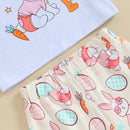 Easter Bunny Print Short Sleeve Top and Pants Set with Matching Headband for Girls - Egg and Carrot Print Outfit Set