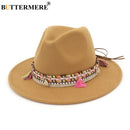 BUTTERMERE Womens Fedora Hat Wool Khaki Jazz Hats Female National Casual Large Brim Vintage Autumn Classic Felt Hat And Cap 2022