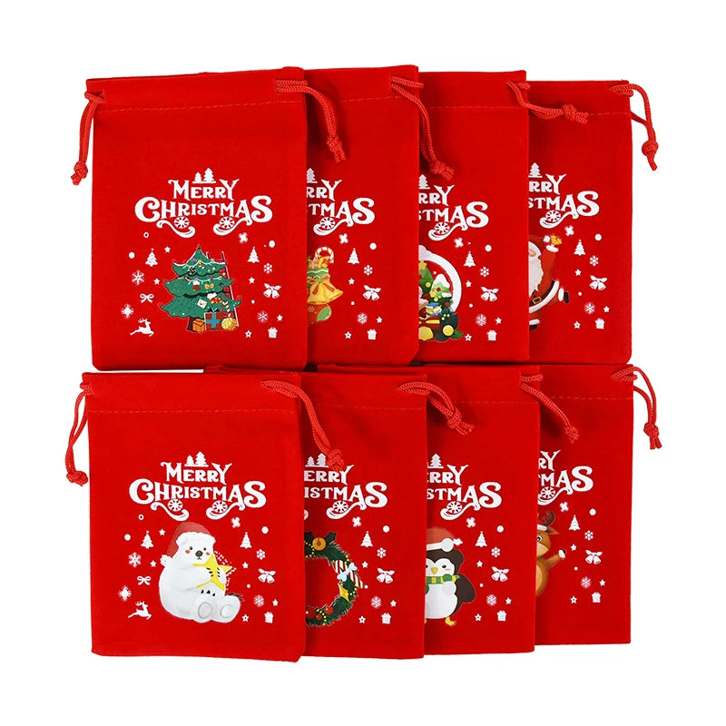 5pcs Red Christmas Velvet Bags Advent Calendar Drawstring Pouch Candy Snack Gift Bag Xmas Jewelry Packing Storage Bags New Year